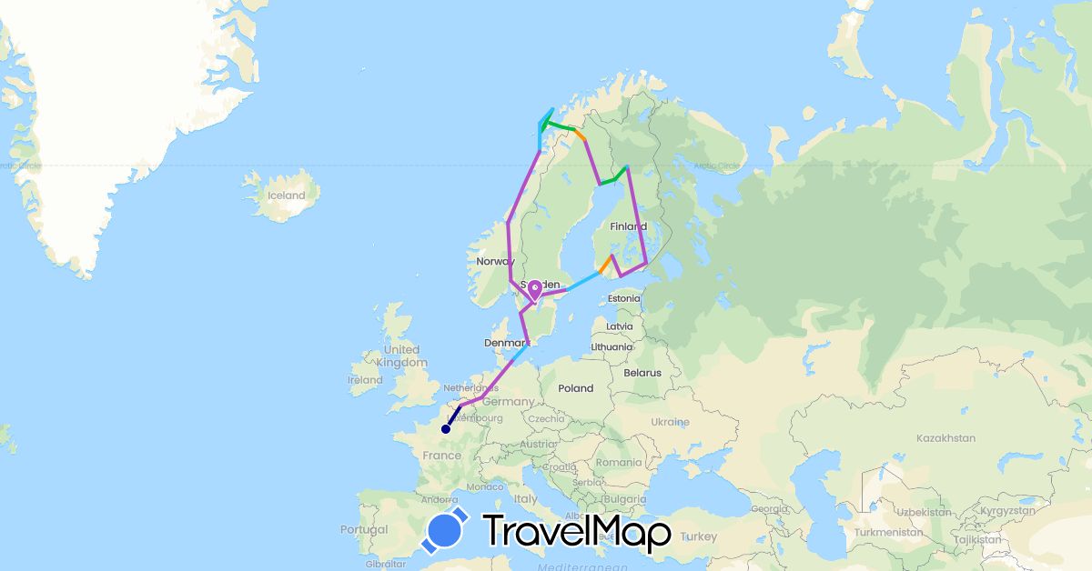 TravelMap itinerary: driving, bus, train, boat, hitchhiking in Belgium, Germany, Finland, France, Norway, Sweden (Europe)